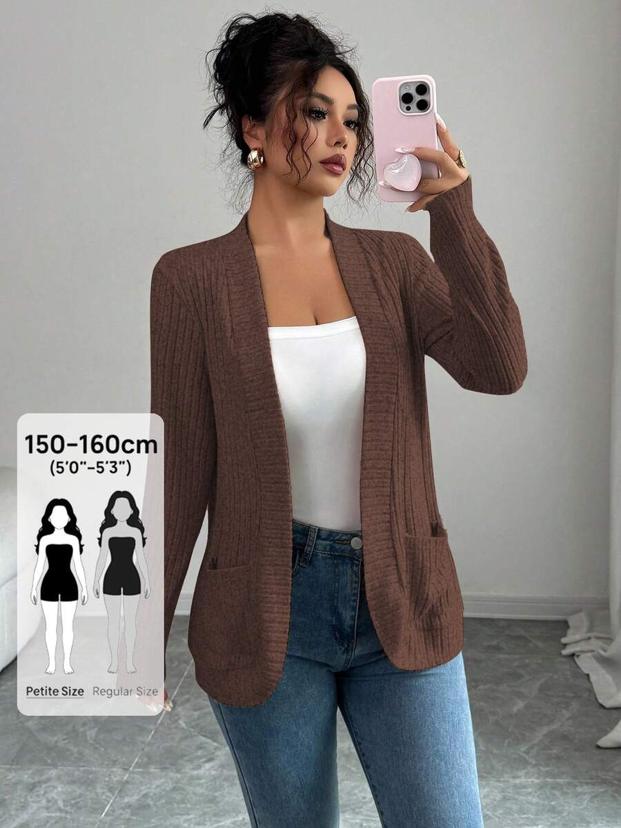 SHEIN PETITE 女款休閒羅紋刷毛開襟側口袋短版薄款夾克 - 咖啡棕 - 查看 1