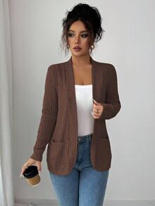 SHEIN PETITE 女款休閒羅紋刷毛開襟側口袋短版薄款夾克 - 咖啡棕 - 查看 6