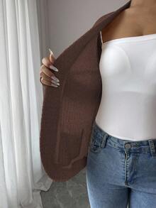 SHEIN PETITE 女款休閒羅紋刷毛開襟側口袋短版薄款夾克 - 咖啡棕 - 查看 4