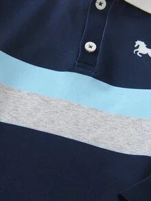 SHEIN Explorewe 小男孩條紋對比色學院風翻領針織休閒寬鬆復古美式長袖 Polo 衫，適合校園與日常穿著 - 藍色 - 查看 4