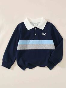 SHEIN Explorewe 小男孩條紋對比色學院風翻領針織休閒寬鬆復古美式長袖 Polo 衫，適合校園與日常穿著 - 藍色 - 查看 1