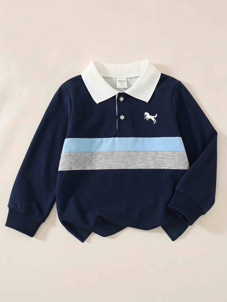 SHEIN Explorewe 小男孩條紋對比色學院風翻領針織休閒寬鬆復古美式長袖 Polo 衫,適合校園與日常穿著 - 藍色 - 查看 1
