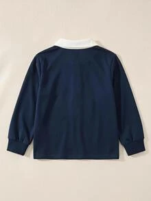 SHEIN Explorewe 小男孩條紋對比色學院風翻領針織休閒寬鬆復古美式長袖 Polo 衫，適合校園與日常穿著 - 藍色 - 查看 2