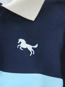 SHEIN Explorewe 小男孩條紋對比色學院風翻領針織休閒寬鬆復古美式長袖 Polo 衫，適合校園與日常穿著 - 藍色 - 查看 3