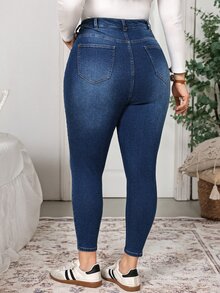 SHEIN CURVE+ Plus Size Women's Slim Fit High Waist Denim Jeans, Simple Casual Everyday - Blue - View 2