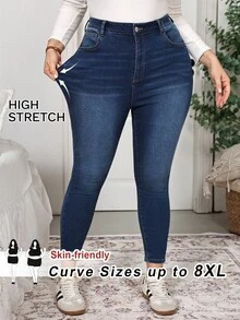 SHEIN CURVE+ Plus Size Women's Slim Fit High Waist Denim Jeans, Simple Casual Everyday - Blue - View 9