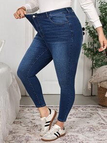 SHEIN CURVE+ Plus Size Women's Slim Fit High Waist Denim Jeans, Simple Casual Everyday - Blue - View 8