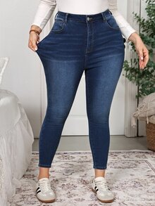 SHEIN CURVE+ Plus Size Women's Slim Fit High Waist Denim Jeans, Simple Casual Everyday - Blue - View 3