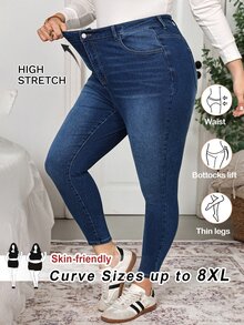 SHEIN CURVE+ Plus Size Women's Slim Fit High Waist Denim Jeans, Simple Casual Everyday - Blue - View 1