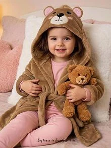 Cozy Pixies Jubah Pakaian Santai Bayi Perempuan Kasual Lucu Motif Beruang Merah Muda Bordir Berkerudung Depan Terbuka Nyaman Berbahan Plush - Khaki - View 1