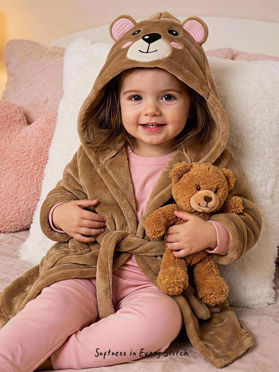 Cozy Pixies Jubah Pakaian Santai Bayi Perempuan Kasual Lucu Motif Beruang Merah Muda Bordir Berkerudung Depan Terbuka Nyaman Berbahan Plush - Khaki - View 1