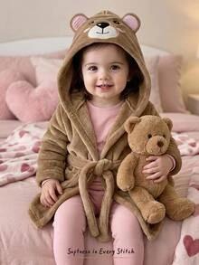Cozy Pixies Jubah Pakaian Santai Bayi Perempuan Kasual Lucu Motif Beruang Merah Muda Bordir Berkerudung Depan Terbuka Nyaman Berbahan Plush - Khaki - View 10