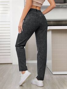 SHEIN Tall 女款休閒日常旅行牛仔褲，附口袋與鈕扣設計 - 深灰色 - 查看 3