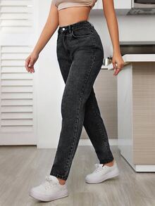 SHEIN Tall 女款休閒日常旅行牛仔褲，附口袋與鈕扣設計 - 深灰色 - 查看 6