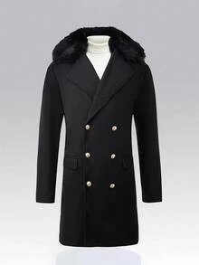 Manfinity Homme معطف رجالي أسود بياقة فرو مزدوجة الصدر موضة أعمال وتنقل - الأسود - مشاهدة 4
