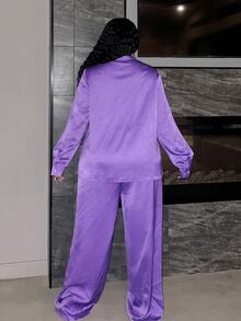 Veslaya Women Plus Size 2 Pieces Set, Elegant Purple Autumn Long Sleeve Shirt With 3D Floral Decor&Extra Long Pants, Satin Commute Party Evening Wear - Purple - View 2