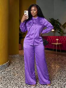Veslaya Women Plus Size 2 Pieces Set, Elegant Purple Autumn Long Sleeve Shirt With 3D Floral Decor&Extra Long Pants, Satin Commute Party Evening Wear - Purple - View 1