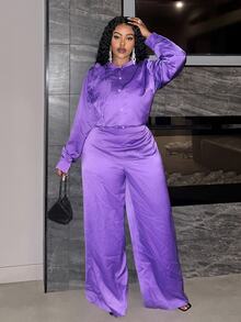 Veslaya Women Plus Size 2 Pieces Set, Elegant Purple Autumn Long Sleeve Shirt With 3D Floral Decor&Extra Long Pants, Satin Commute Party Evening Wear - Purple - View 3