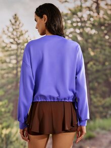 Exploreva Women's Fashion Long Sleeve Drawstring Tie Round Neck Top - Purple - View 5