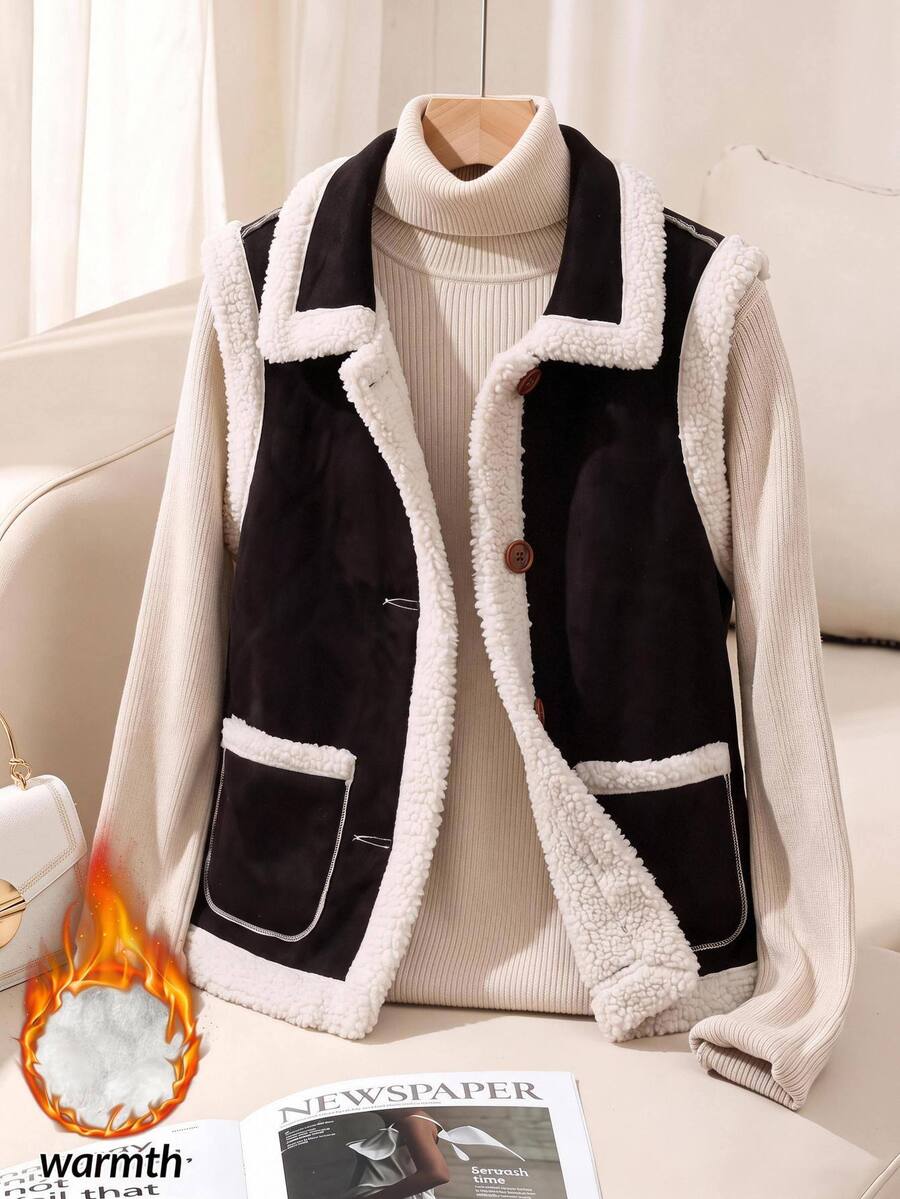 Rusticease Women Fall Winter Jacket Women's Comfortable Plush Patchwork Contrast Color Button Vest Jacket Everyday Black And White Autumn Retro 70's Inspired - Brown - View 1