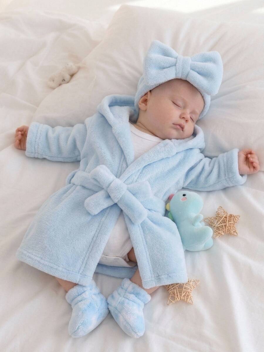 SHEIN Baby Girls' Solid Color Hooded Bathrobe With Waistband, Home Wear Autumn Fall - Blue - View 1