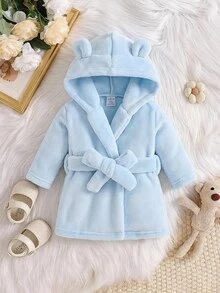 SHEIN Baby Girls' Solid Color Hooded Bathrobe With Waistband, Home Wear Autumn Fall - Blue - View 8