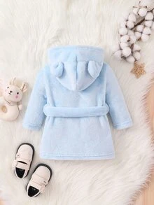 SHEIN Baby Girls' Solid Color Hooded Bathrobe With Waistband, Home Wear Autumn Fall - Blue - View 2