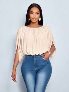 SOLERSUN Sequined Textured Fabric Round Neck Shoulder Ruched Batwing Sleeve Top Date Brunch Going Out Cocktail Beige Summer Mature Maturity Elegant - Apricot - View 7
