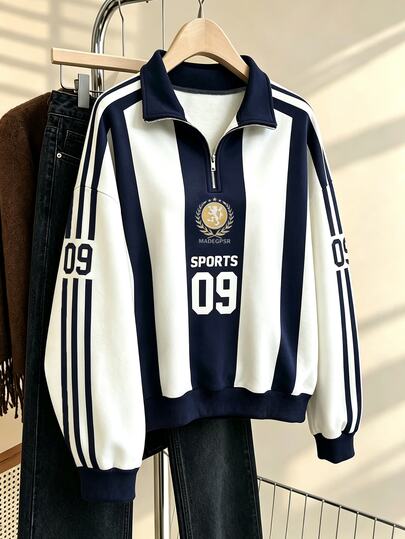 Lalippa Sweatshirt Wanita American Sporty dengan Resleting Setengah dan Kerah Tegak, Motif Vintage Biru & Putih Garis Vertikal untuk Musim Gugur/Dingin, Pullover Longgar dengan Bahu Jatuh, Motif Lencana Nomor, Motif Kampus