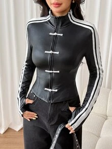 SHEIN PETITE Jaket Wanita Terbaru Musim Gugur Warna Hitam dengan Tali Elastis, Kulit PU, Anyaman, dan Kancing Katak Model Patchwork. - Hitam - View 5