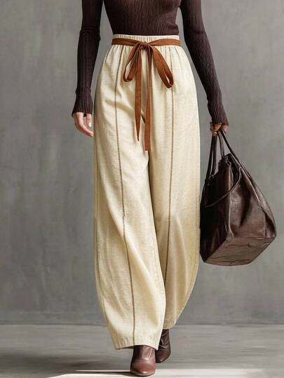 Breezaya Beige Faux Linen Vintage French Pattern Print, Waist Tie Bow Decor, Loose Wide Leg Fit, Casual, Vacation, Beach, Women's Long Pants Spring Autumn