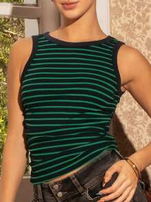 juhmazzocco Women Casual Striped Contrast Color Rib-Knit Slim Fit Tank Top For Summer - Olive Green - View 4