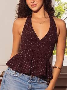 juhmazzocco Women's Polka Dot Print Ruffle Hem Backless Halter Neck Top - Coffee Brown - View 4