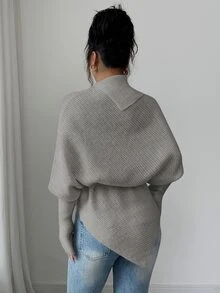 SHEIN LUNE 女款高領蝙蝠袖不對稱下擺綁腰針織衫，淺灰色，適合外出、旅行、茶會、日常穿著，秋季休閒簡約優雅 - 灰色 - 查看 2