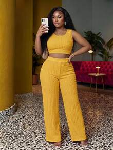 Slaydiva Plus Size Solid White Long Casual Vest And Wide Leg Pants 2 Pieces Set, Spring/Summer, Summer Outfits - Pale Yellow - View 1