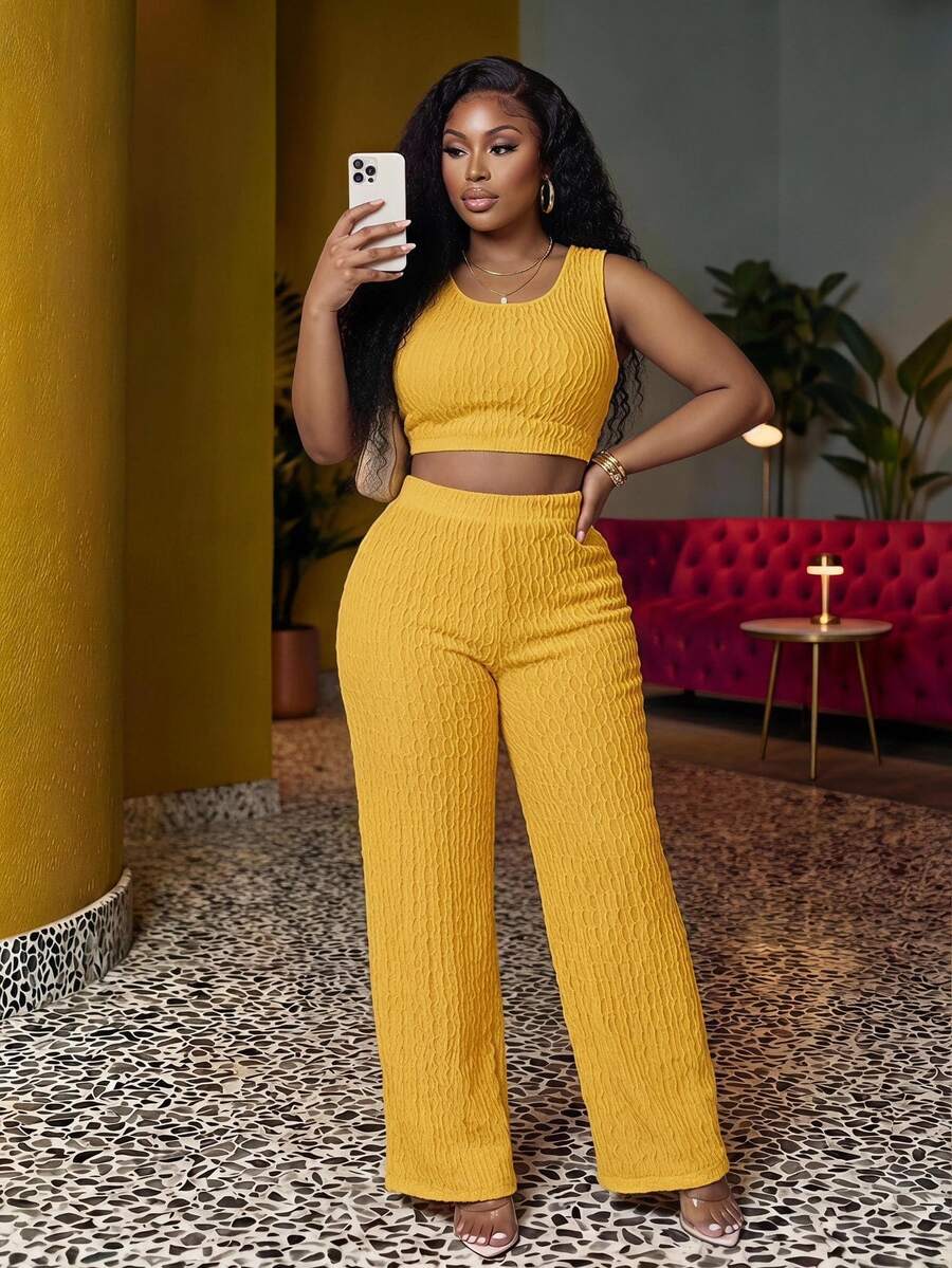 Slaydiva Plus Size Solid White Long Casual Vest And Wide Leg Pants 2 Pieces Set, Spring/Summer, Summer Outfits - Pale Yellow - View 1