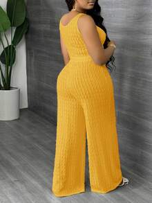 Slaydiva Plus Size Solid White Long Casual Vest And Wide Leg Pants 2 Pieces Set, Spring/Summer, Summer Outfits - Pale Yellow - View 2