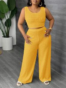 Slaydiva Plus Size Solid White Long Casual Vest And Wide Leg Pants 2 Pieces Set, Spring/Summer, Summer Outfits - Pale Yellow - View 3