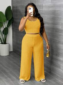 Slaydiva Plus Size Solid White Long Casual Vest And Wide Leg Pants 2 Pieces Set, Spring/Summer, Summer Outfits - Pale Yellow - View 6