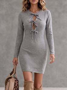 SHEIN Glamour Women's Solid Color Tassel Front Tie Long Sleeve Fitted Knit Dress - Grey - View 8