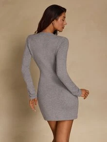 SHEIN Glamour Women's Solid Color Tassel Front Tie Long Sleeve Fitted Knit Dress - Grey - View 2