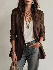SHEIN PariChic Women's Lace Patchwork Blazer Jacket, Suitable For Autumn/Winter, Perfect For Dinner Office, Parties Business Casual Elegant Dark Brown - Brown - View 7
