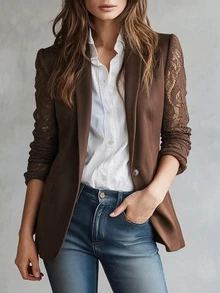 SHEIN PariChic Women's Lace Patchwork Blazer Jacket, Suitable For Autumn/Winter, Perfect For Dinner Office, Parties Business Casual Elegant Dark Brown - Brown - View 1