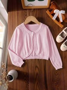 SHEIN Lightweight Knit Cardigan For Tween GirlsOpen Front Sweater, Outerwear To Match Camisole Dress Autumn Fall - Pink - View 1