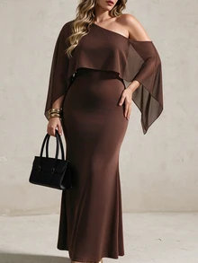 Elegantrix 2026 Plus Size One-Shoulder Cape Fishtail Elegant Formal Coffee Brown Long Dress Party Dinner Gathering Afternoon Tea Date Outing Fall Wedding - Brown - View 6