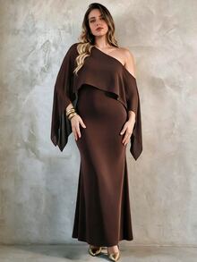 Elegantrix 2026 Plus Size One-Shoulder Cape Fishtail Elegant Formal Coffee Brown Long Dress Party Dinner Gathering Afternoon Tea Date Outing Fall Wedding - Brown - View 1