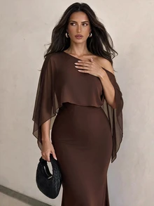 Elegantrix 2026 Plus Size One-Shoulder Cape Fishtail Elegant Formal Coffee Brown Long Dress Party Dinner Gathering Afternoon Tea Date Outing Fall Wedding - Brown - View 4