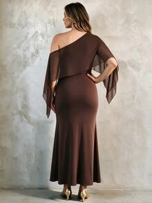 Elegantrix 2026 Plus Size One-Shoulder Cape Fishtail Elegant Formal Coffee Brown Long Dress Party Dinner Gathering Afternoon Tea Date Outing Fall Wedding - Brown - View 5