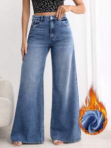 SHEIN PETITE Women's Casual Daily Denim Wide Leg Pants With Pockets And Buttons - Medium Wash - View 1