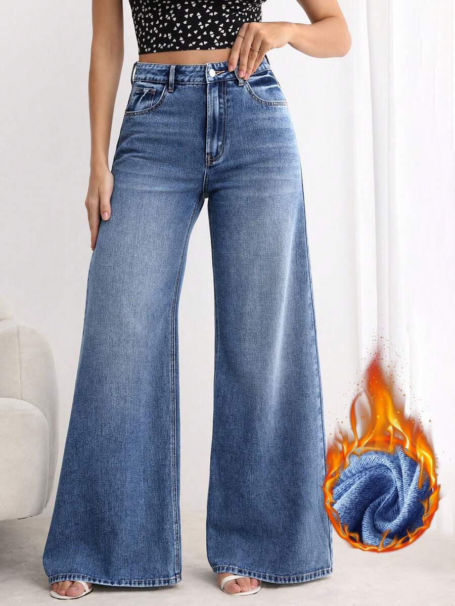 SHEIN PETITE Women's Casual Daily Denim Wide Leg Pants With Pockets And Buttons - Medium Wash - View 1